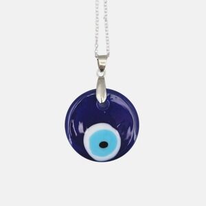 Evil Eye Necklace Pendant Blue Glass‎ Silver Tone Chain Women